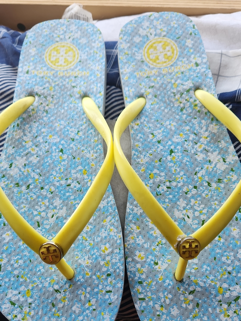 Tory Burch Yellow Strap Flip Flops with Blue Floral Footbed
